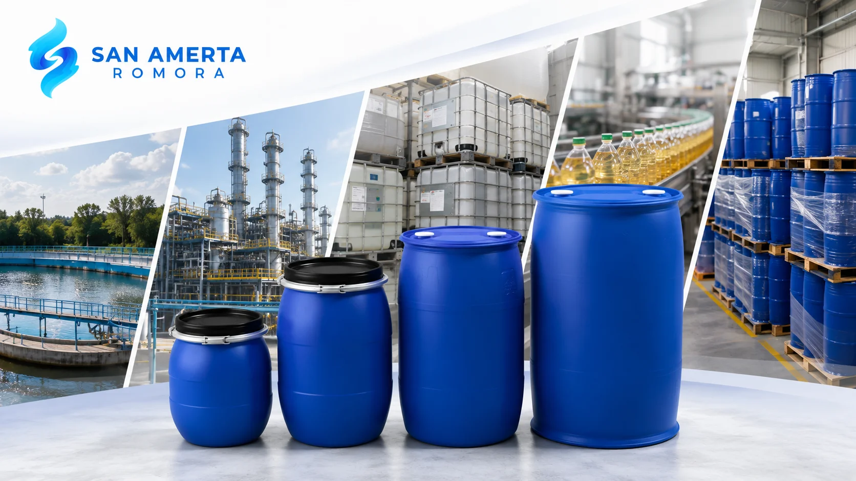 Drum plastik biru HDPE berbagai ukuran untuk penyimpanan cairan dan aplikasi industri sesuai kapasitas.