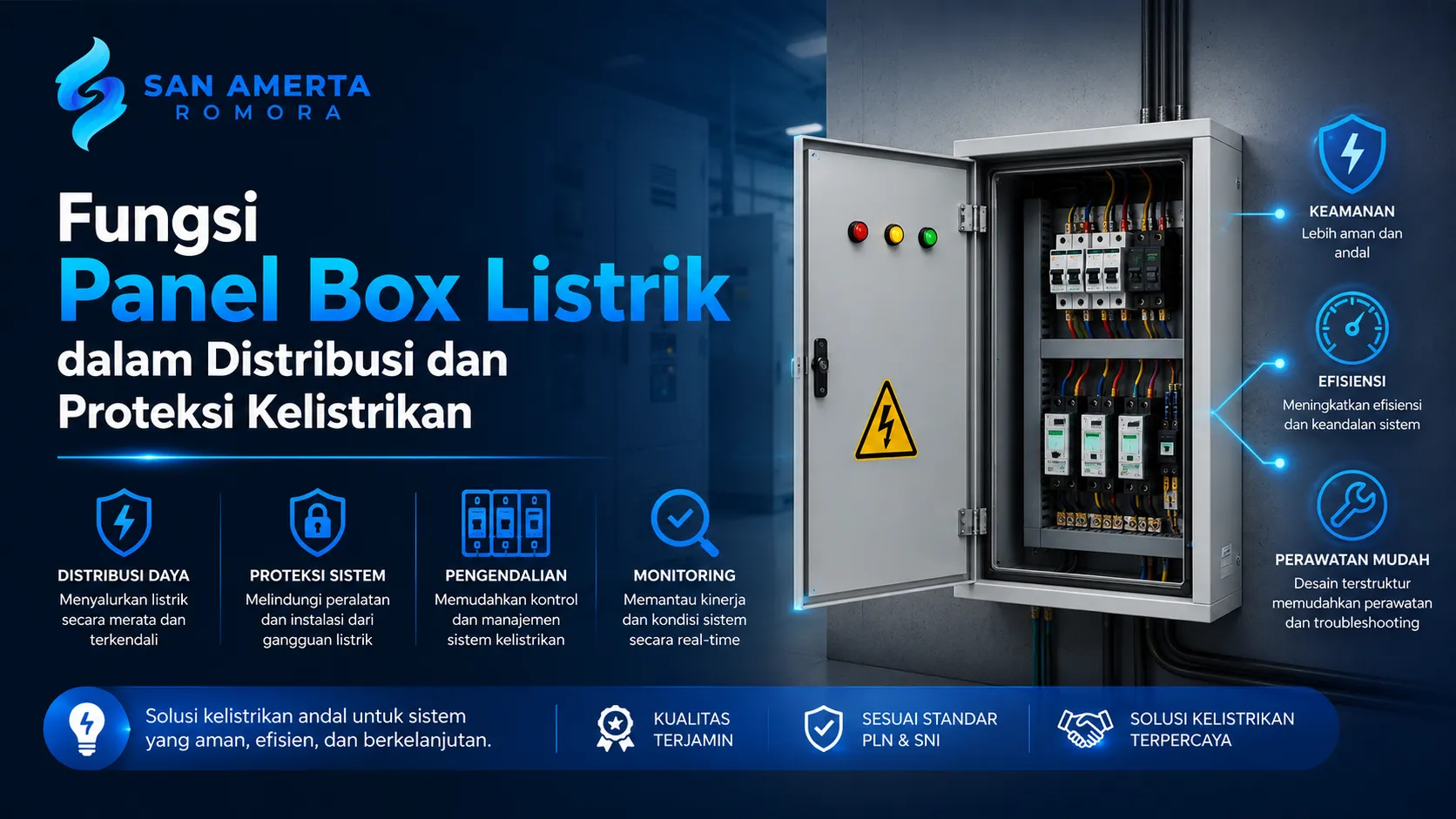 Infografis fungsi panel box listrik terbuka menampilkan komponen sirkuit internal dengan penjelasan fungsi distribusi daya, proteksi sistem, pengendalian, dan monitoring