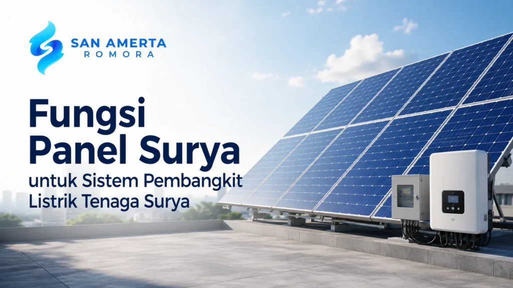Banner edukasi Fungsi Panel Surya untuk Sistem Pembangkit Listrik Tenga Surya dari San Amerta Romora, menampilkan instalasi inverter pintar, boks panel kontrol, dan jajaran solar panel di area atap.