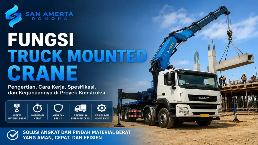 Fungsi Truck mounted crane beroperasi di lokasi proyek konstruksi untuk mengangkat material beton pracetak dengan boom hidrolik, menampilkan fungsi alat berat dalam pekerjaan infrastruktur modern bersama branding San Amerta Romora.