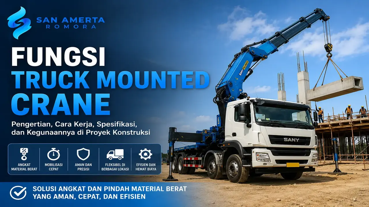 Fungsi Truck mounted crane beroperasi di lokasi proyek konstruksi untuk mengangkat material beton pracetak dengan boom hidrolik, menampilkan fungsi alat berat dalam pekerjaan infrastruktur modern bersama branding San Amerta Romora.