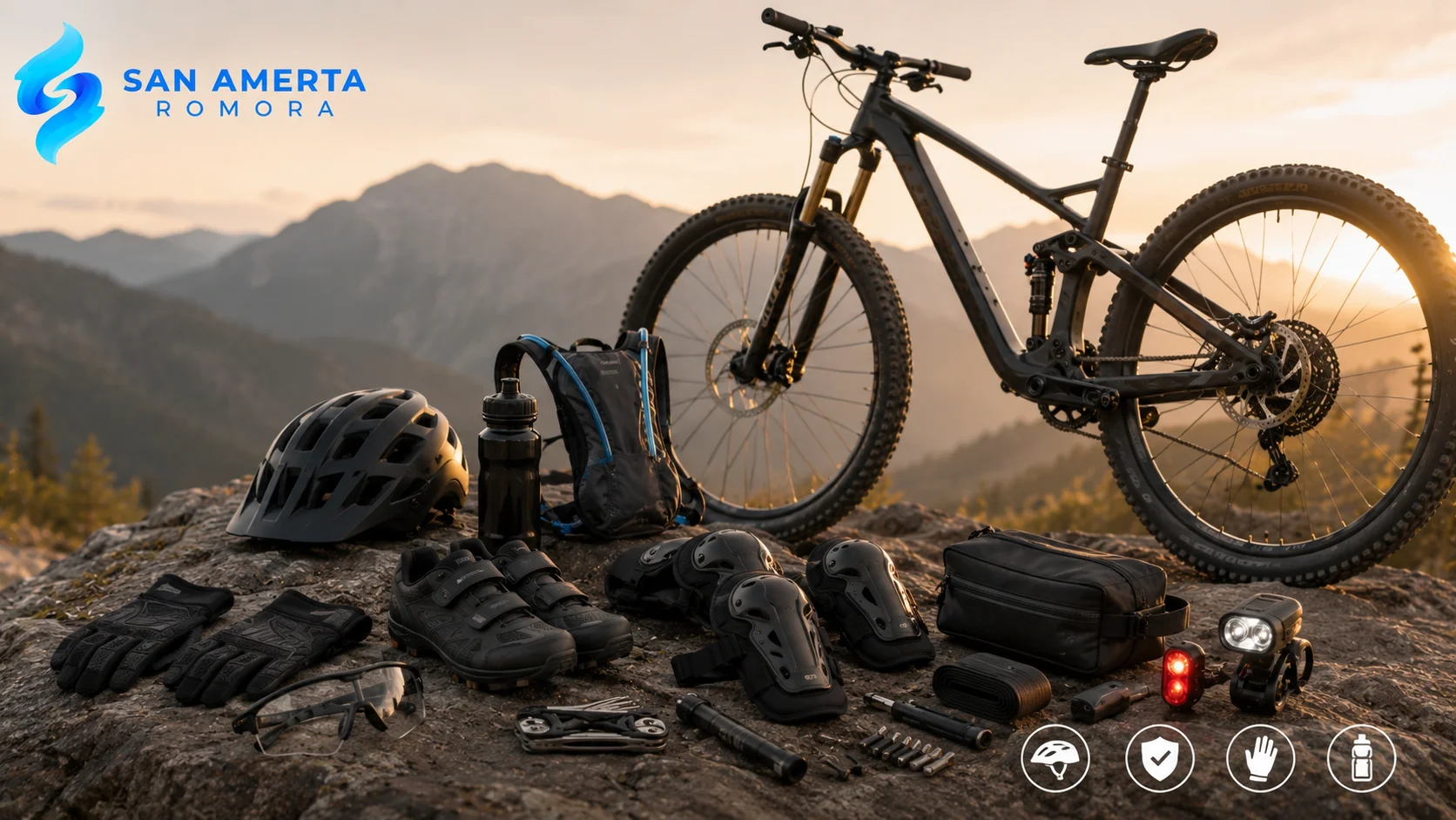 Perlengkapan sepeda gunung lengkap seperti helm, sarung tangan, pelindung, lampu, hydration pack, dan sepeda MTB untuk mendukung keamanan dan kenyamanan berkendara.