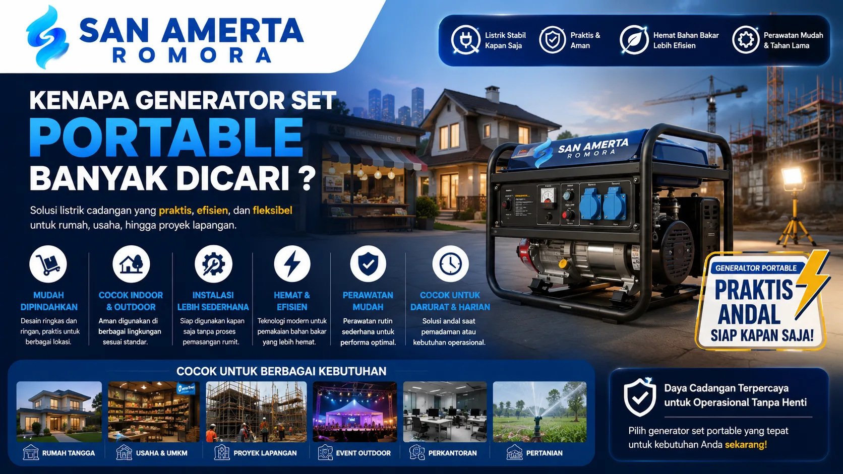 Banner generator set portable yang menampilkan unit genset portabel untuk kebutuhan rumah, usaha, dan proyek lapangan, dengan desain modern serta logo San Amerta Romora yang menonjolkan kepraktisan dan fleksibilitas sumber listrik cadangan.