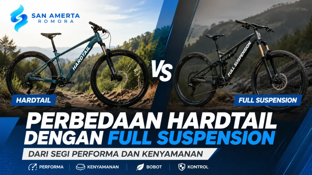 Ilustrasi gambar perbedaan hardtail dengan full suspension dari segi performa dan kenyamanan pada sepeda gunung