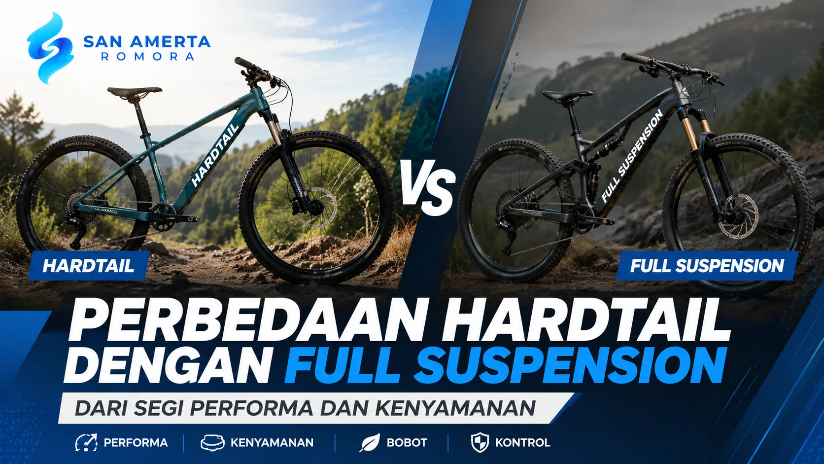Ilustrasi gambar perbedaan hardtail dengan full suspension dari segi performa dan kenyamanan pada sepeda gunung