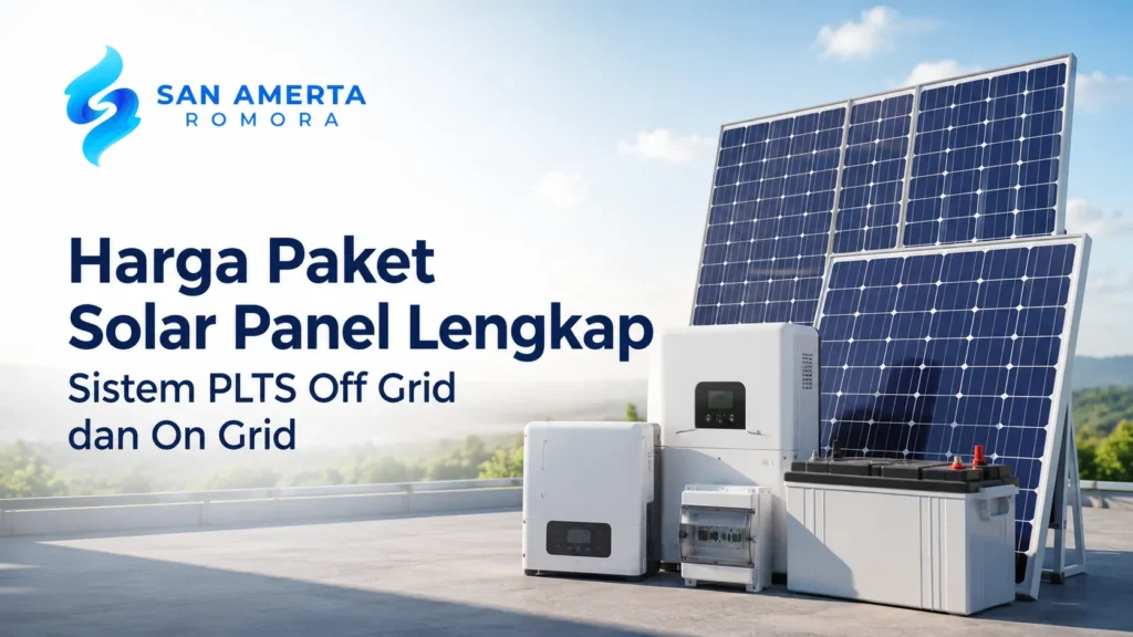 Banner informasi Harga Paket Solar Panel Lengkap Sistem PLTS Off Grid dan On Grid dari San Amerta Romora, menampilkan unit inverter, baterai accu, boks panel listrik, dan modul surya fotovoltaik.