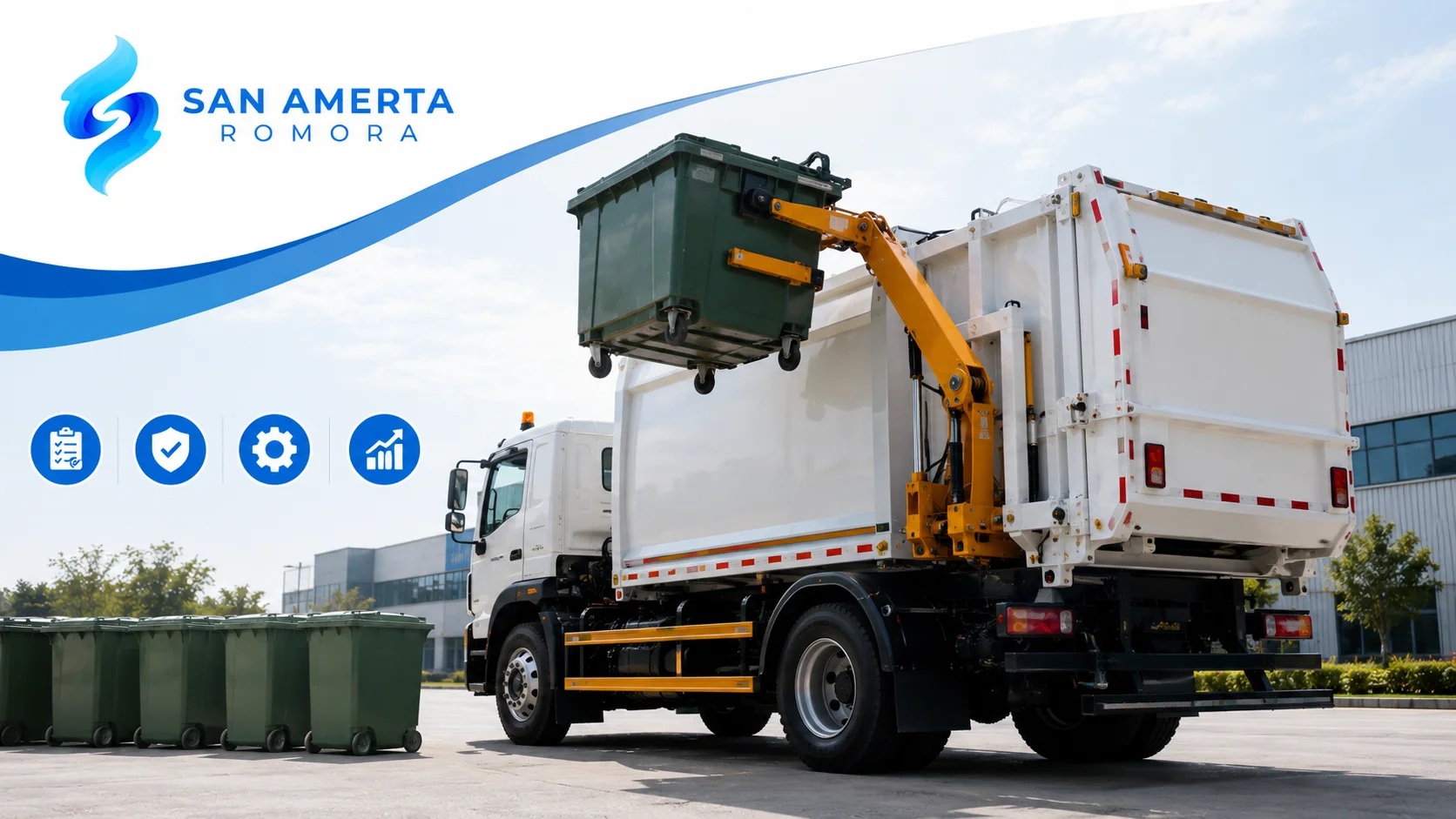 Banner menampilkan side loader truck dari sudut belakang samping saat mengangkat kontainer sampah dengan sistem hidrolik, dilengkapi logo San Amerta Romora dan suasana area operasional armada kebersihan modern.