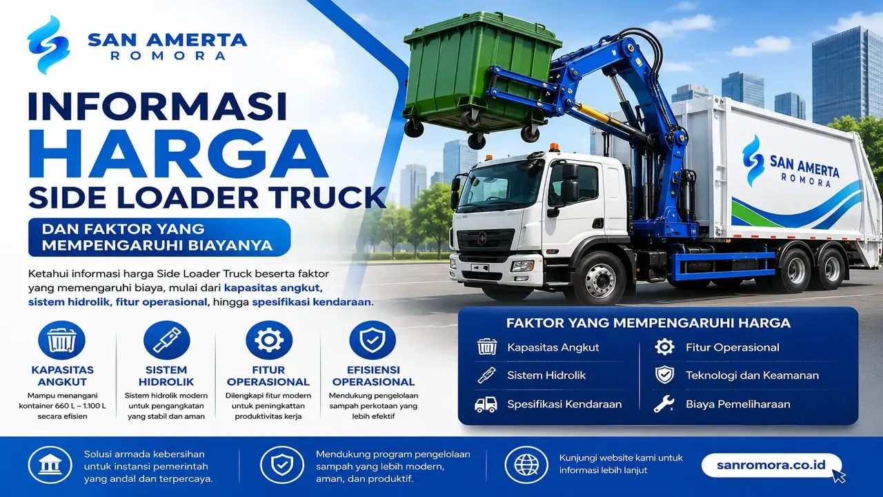 Harga Side Loader Truck hidrolik untuk pengangkutan kontainer sampah yang efisien dan mendukung operasional kebersihan perkotaan