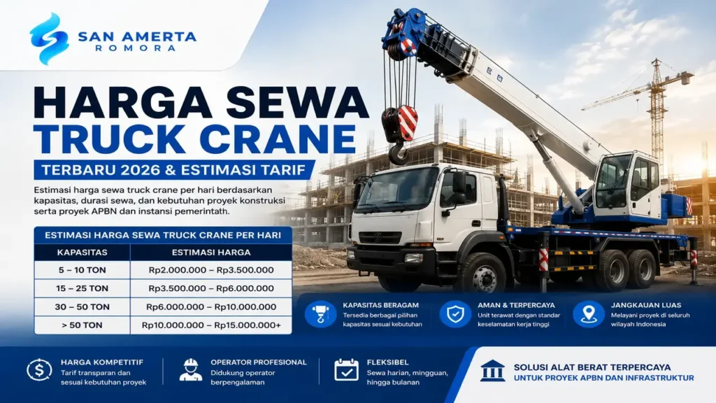 Harga sewa truck crane terbaru 2026 untuk proyek konstruksi, APBN, dan infrastruktur dengan estimasi tarif berdasarkan kapasitas crane 5 ton hingga 50 ton lebih. Penyedia San Amerta Romora