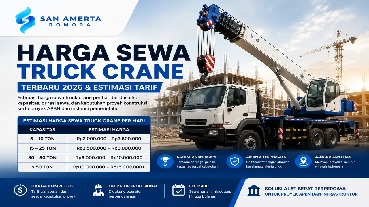 Harga sewa truck crane terbaru 2026 untuk proyek konstruksi, APBN, dan infrastruktur dengan estimasi tarif berdasarkan kapasitas crane 5 ton hingga 50 ton lebih. Penyedia San Amerta Romora