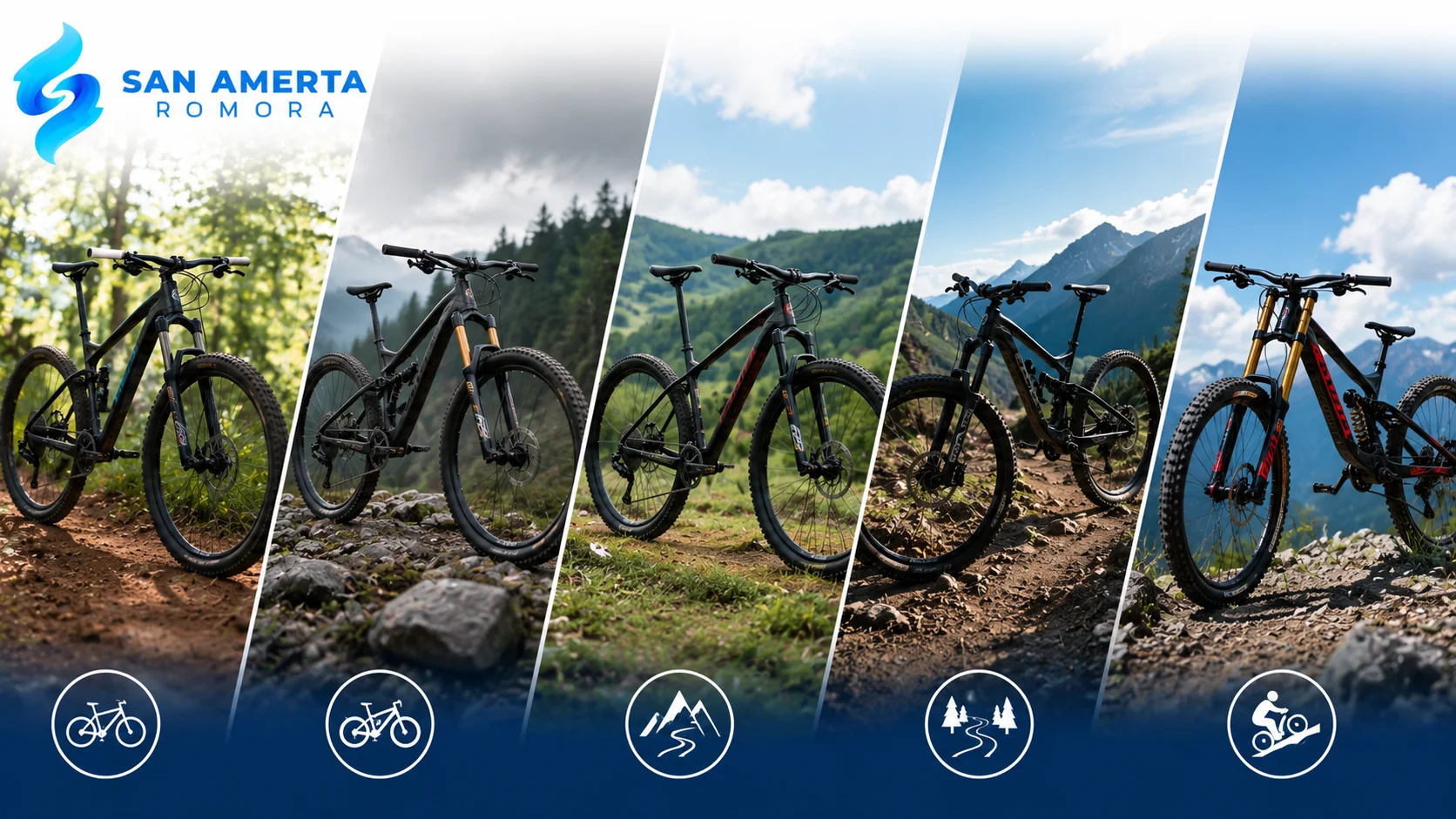 Beragam jenis sepeda gunung ditampilkan pada berbagai medan untuk menunjukkan karakteristik dan penggunaan MTB sesuai kebutuhan lintasan.