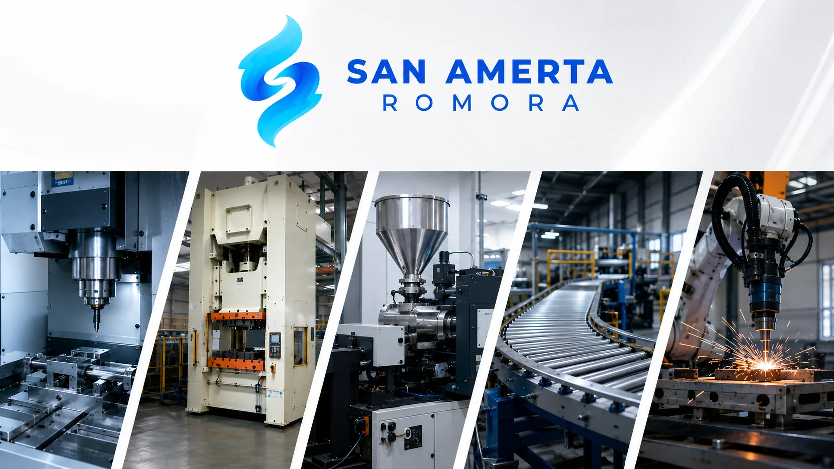 Banner jenis-jenis mesin manufacturing menampilkan mesin CNC, mesin press, injection molding, conveyor, dan robot welding dengan logo San Amerta Romora