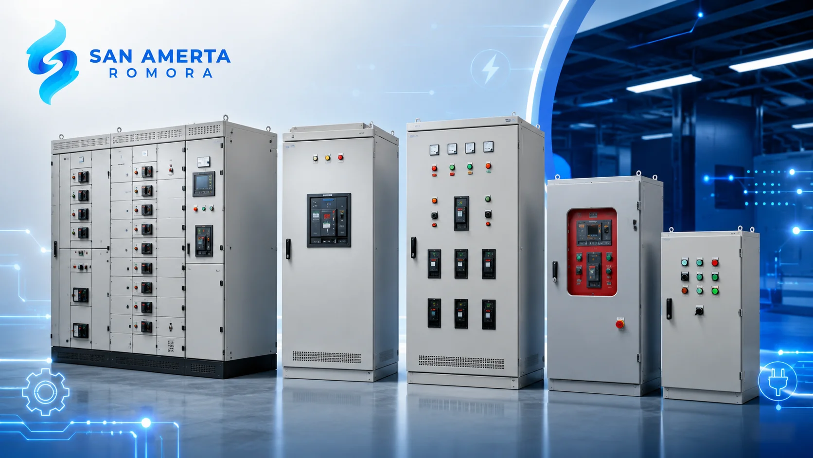 Beragam panel box listrik industri untuk distribusi dan kontrol daya.