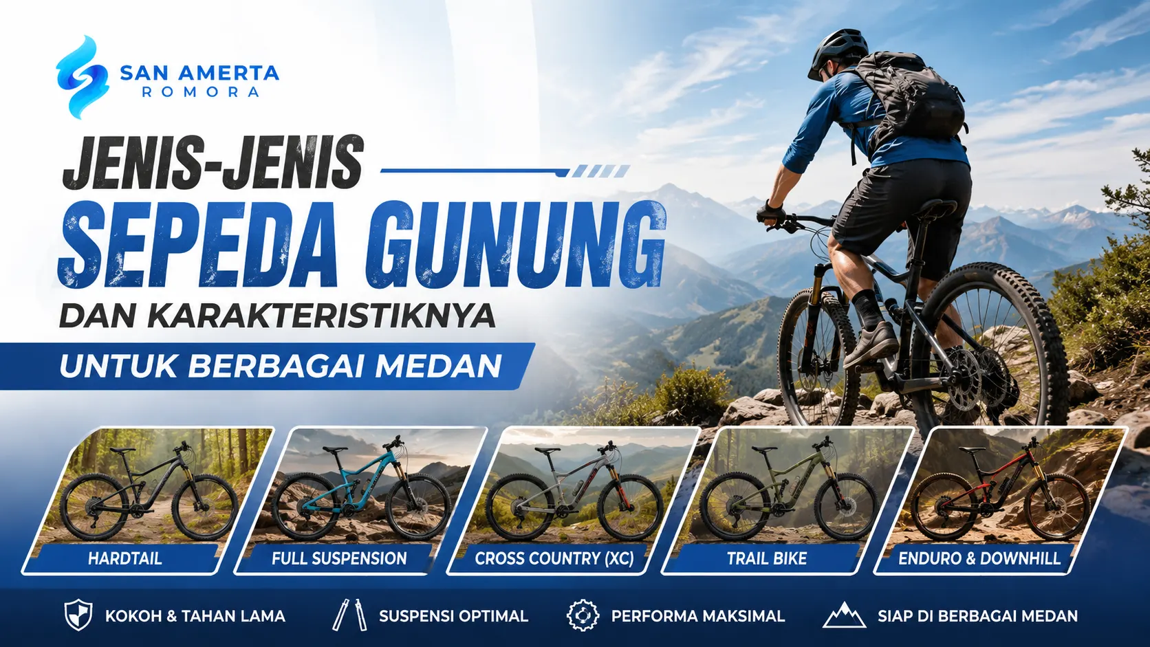 Ilustrasi gambar jenis-jenis sepeda gunung dan karakteristiknya untuk berbagai medan.