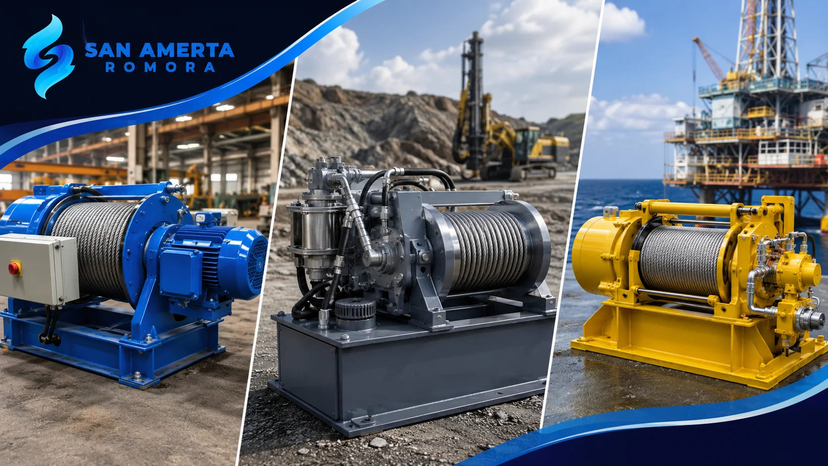 Banner winch machine San Amerta Romora yang menampilkan berbagai jenis winch berdasarkan sumber tenaga untuk mendukung kebutuhan industri.