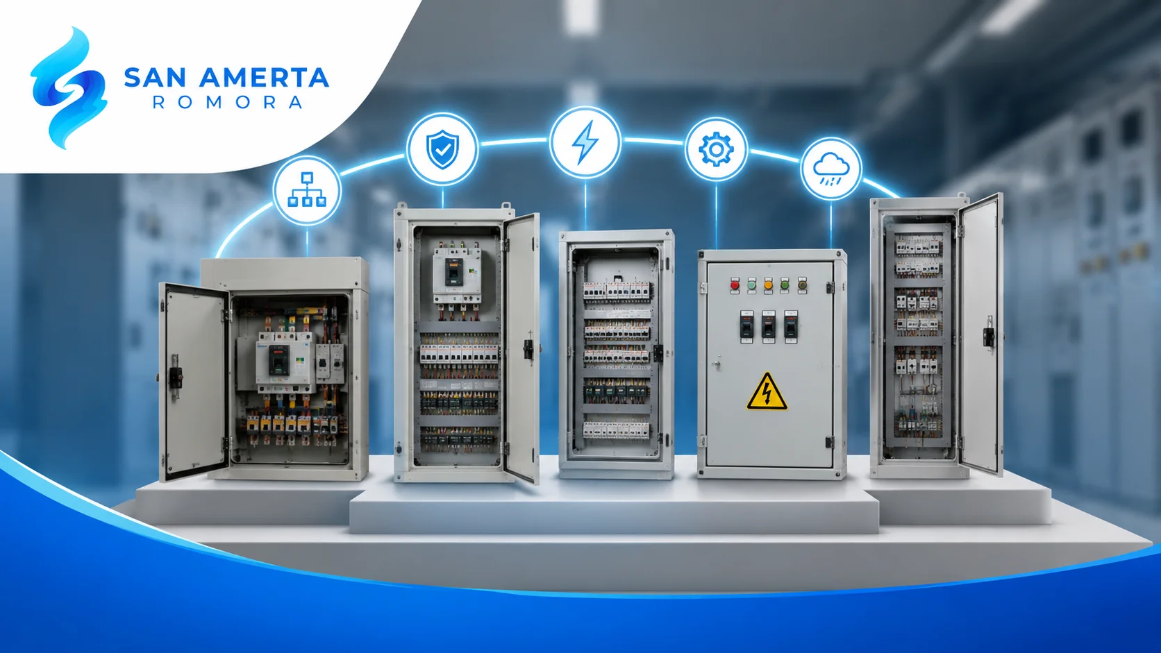 Berbagai jenis panel box listrik untuk distribusi dan kontrol daya.