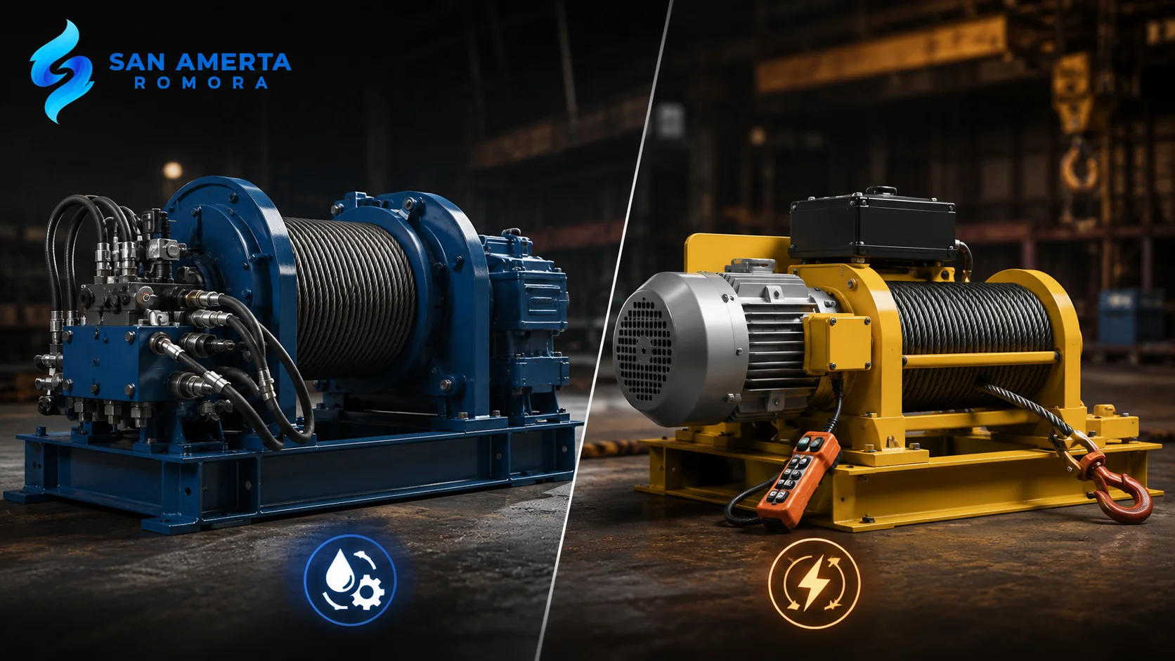 Perbandingan winch hidrolik dan winch elektrik yang digunakan untuk pengangkatan dan penarikan beban di lingkungan industri, menampilkan perbedaan sistem tenaga dan karakteristik operasional keduanya.