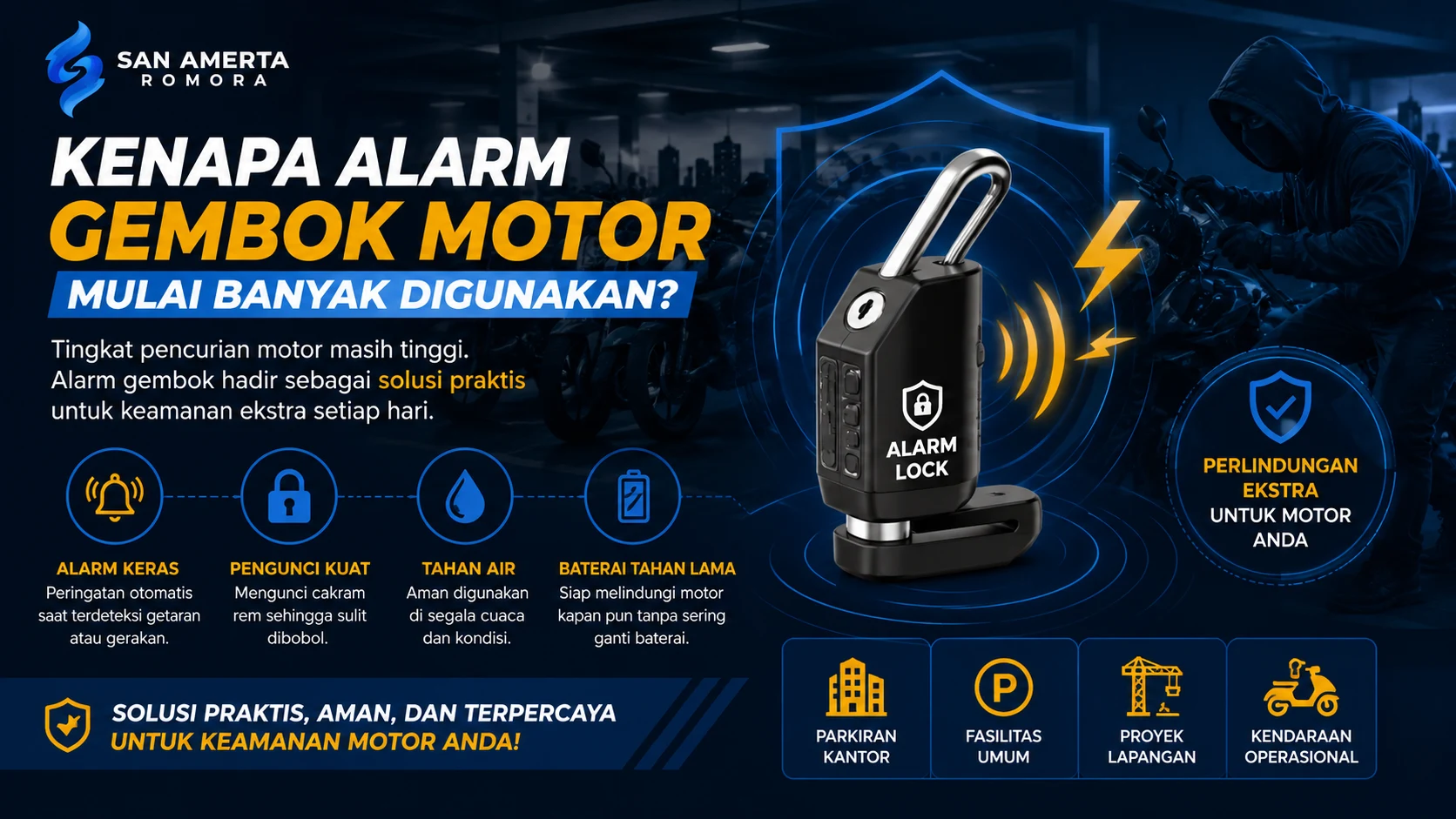 Ilustrasi alarm gembok motor modern dengan fitur sensor getar, alarm otomatis, dan perlindungan tambahan yang membantu mengurangi risiko pencurian kendaraan di area parkir.