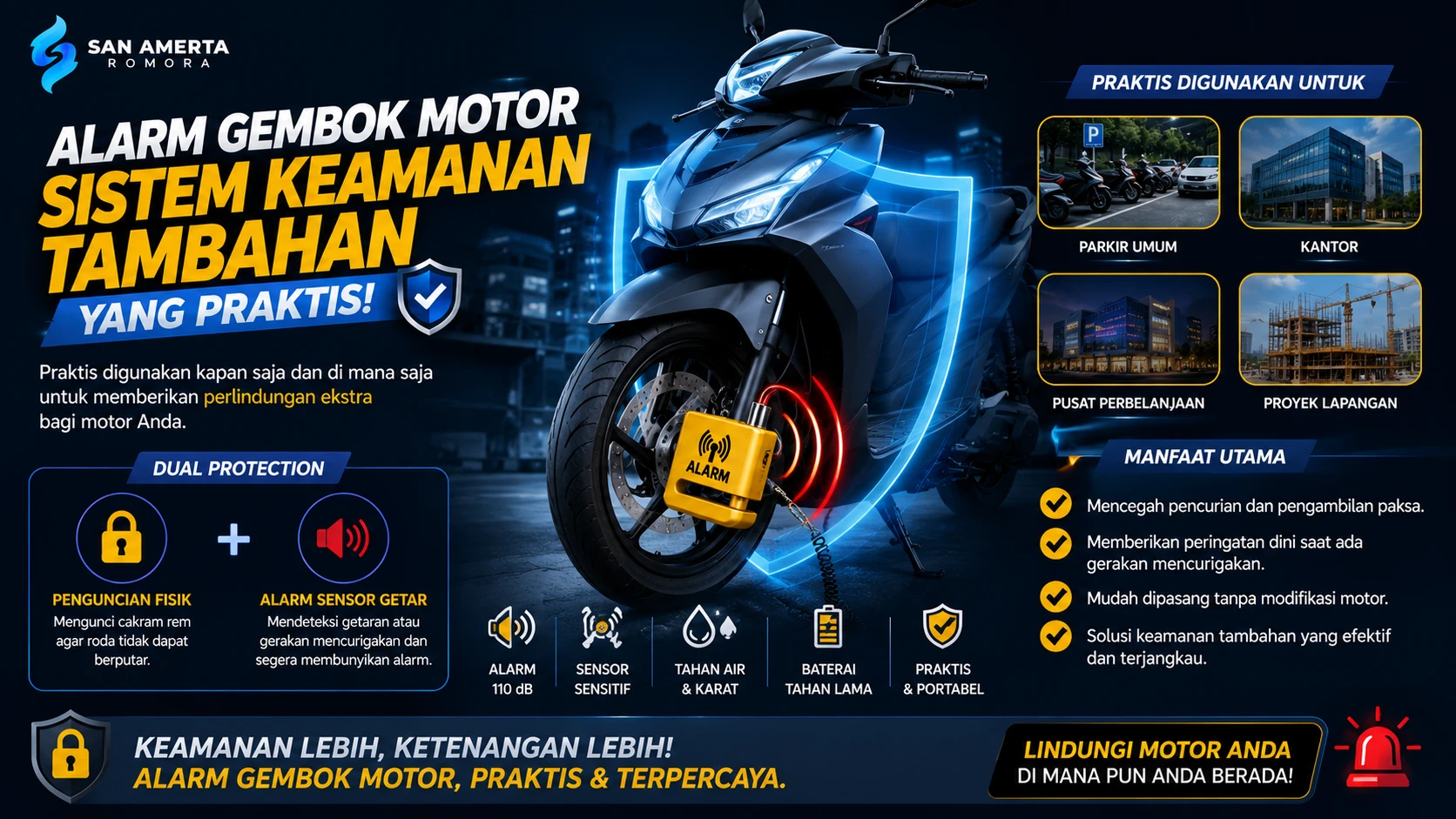 Ilustrasi motor yang diamankan dengan alarm gembok pada cakram roda, menampilkan kombinasi penguncian fisik dan alarm sensor getar sebagai sistem keamanan tambahan yang praktis untuk penggunaan sehari-hari.