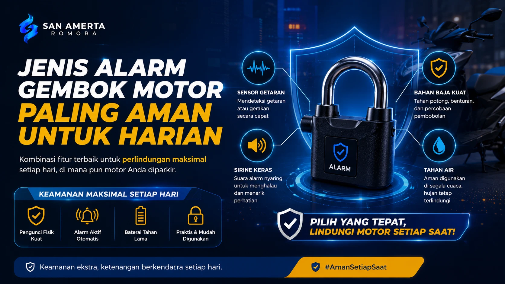 Ilustrasi alarm gembok motor dengan fitur keamanan lengkap, seperti sensor getaran, sirine keras, bahan baja kuat, dan ketahanan air untuk perlindungan harian yang lebih maksimal.