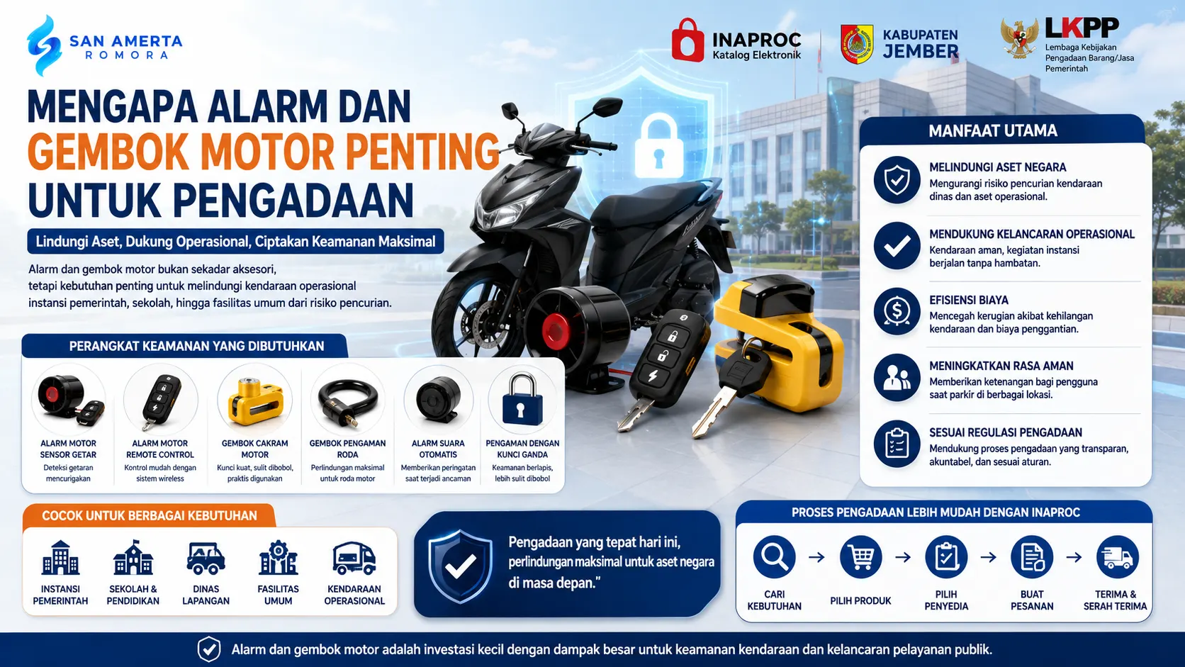 Ilustrasi alarm dan gembok motor sebagai perangkat keamanan kendaraan operasional yang membantu melindungi aset, meningkatkan keamanan, dan mendukung kebutuhan pengadaan instansi.