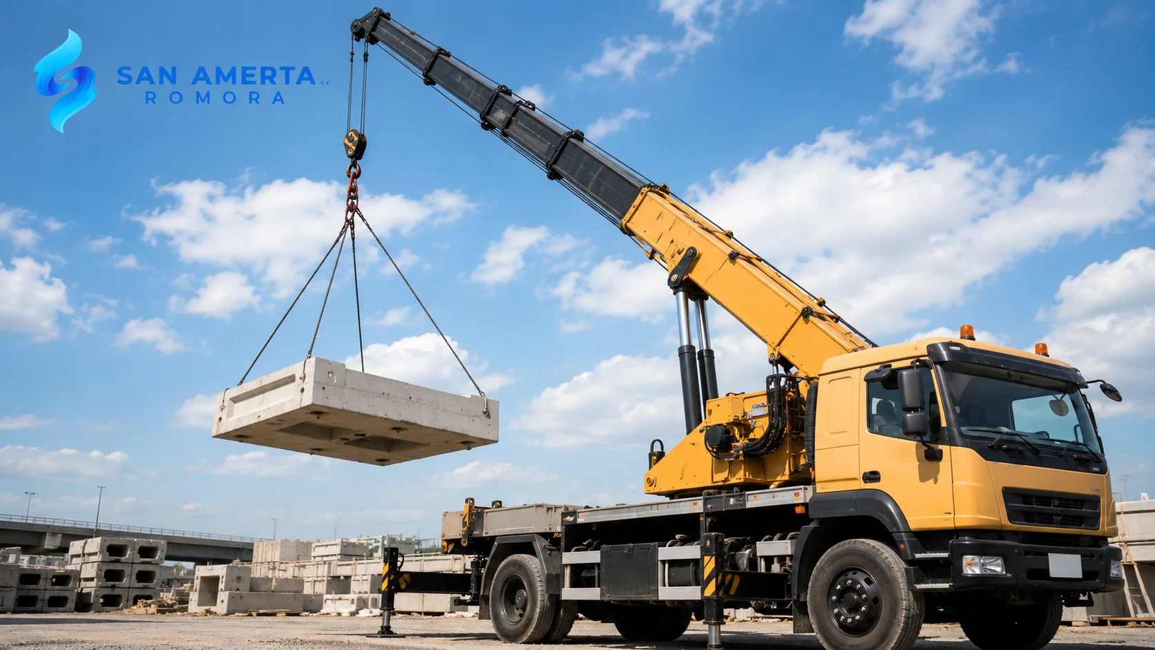 Truck mounted crane mengangkat material beton di area proyek konstruksi sebagai ilustrasi fungsi dan mobilitas alat berat.