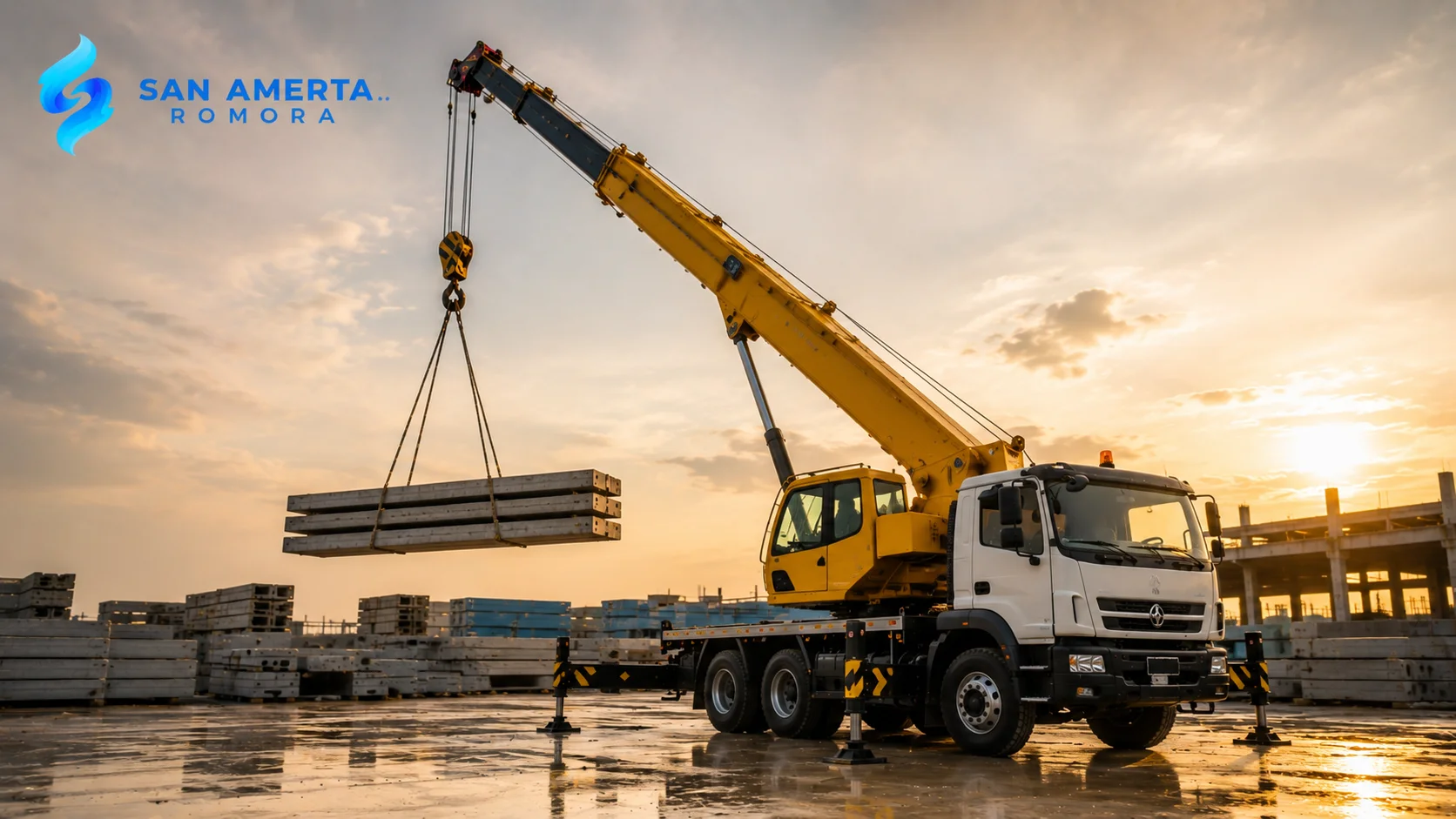 Truck crane beroperasi di proyek konstruksi sebagai ilustrasi harga sewa dan penggunaan alat berat di lapangan.