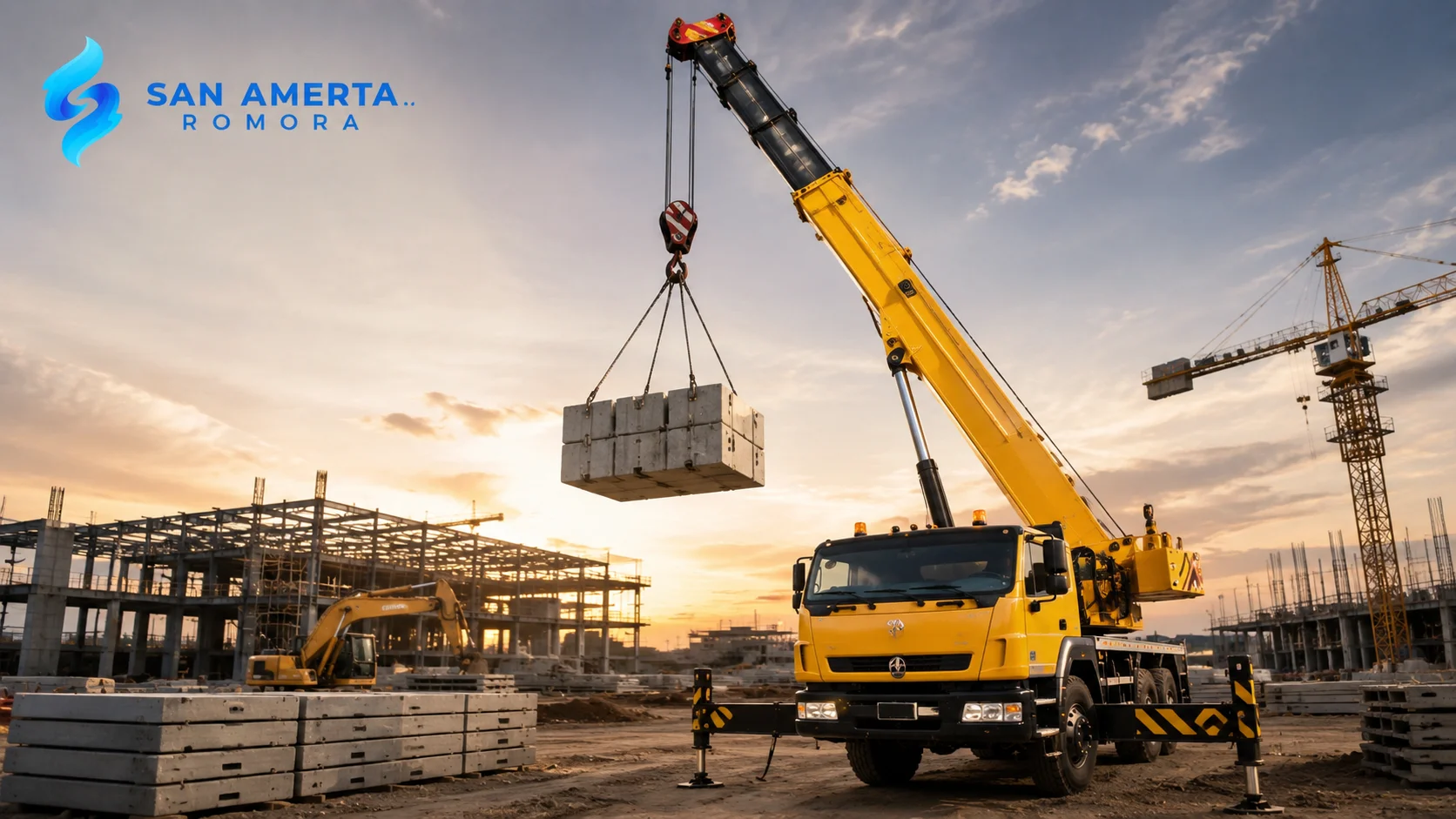 Truck mounted crane mengangkat material konstruksi di area proyek sebagai ilustrasi peran San Amerta Romora dalam penyediaan alat berat.
