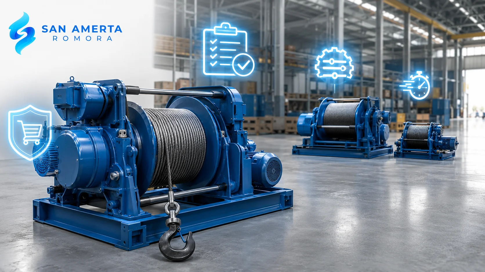 Beberapa winch machine industri di gudang dengan logo San Amerta Romora.