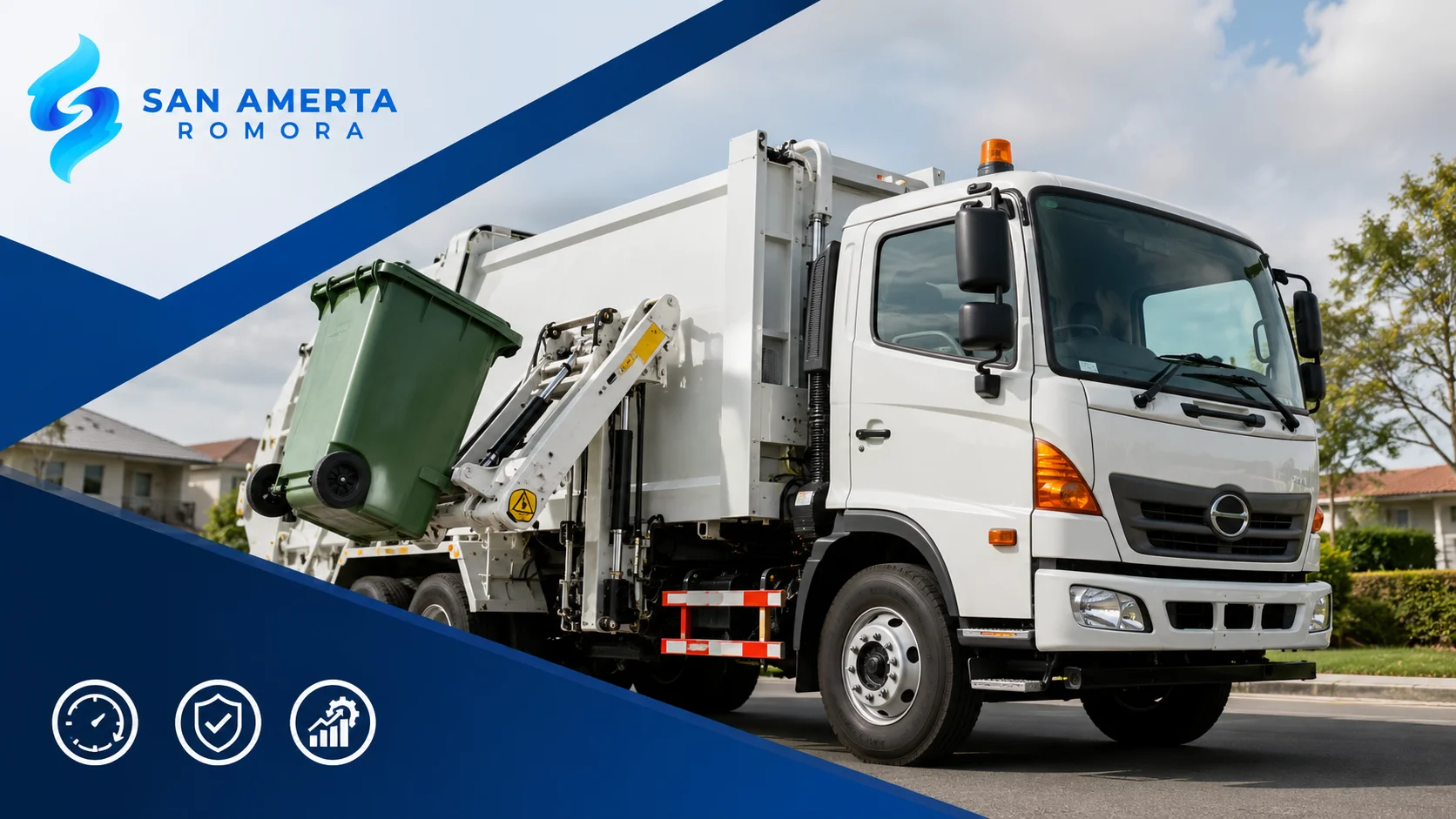 Banner Side Loader Truck dari San Amerta Romora yang menampilkan truk pengangkut sampah modern untuk mempercepat proses pengumpulan dan pengangkutan sampah perkotaan.