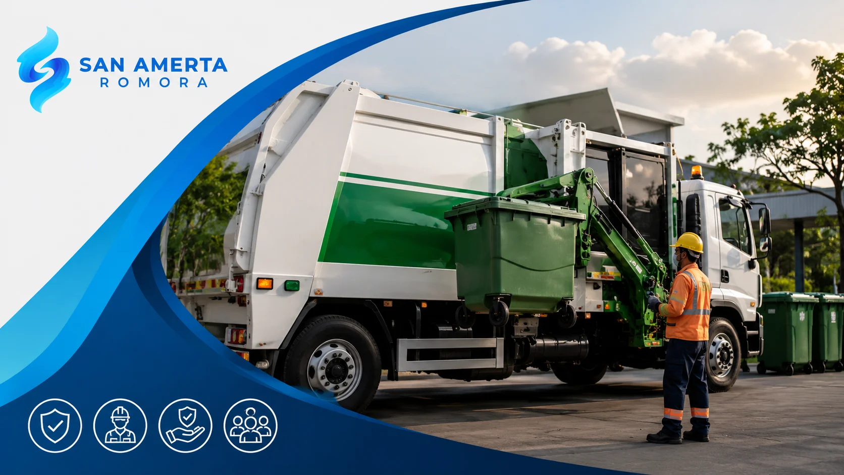 Banner Side Loader Truck San Amerta Romora yang menampilkan sistem pengangkutan sampah modern untuk mendukung keselamatan petugas selama operasional kebersihan.