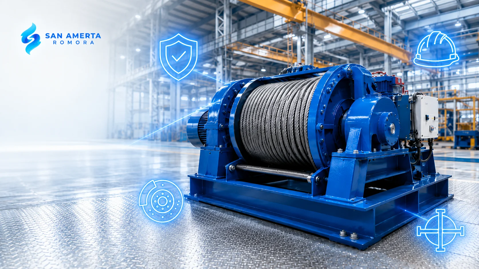 Winch machine San Amerta Romora di area industri untuk mendukung keselamatan kerja saat pengangkatan beban.