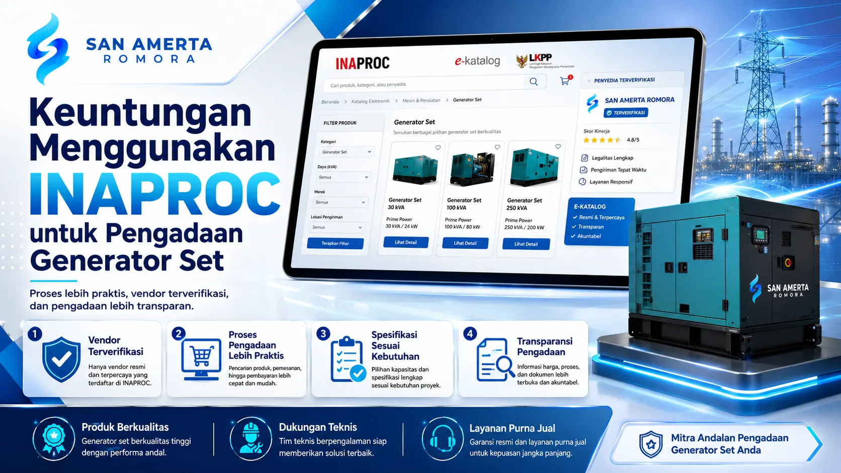 Banner keuntungan menggunakan INAPROC untuk pengadaan generator set bersama San Amerta Romora.