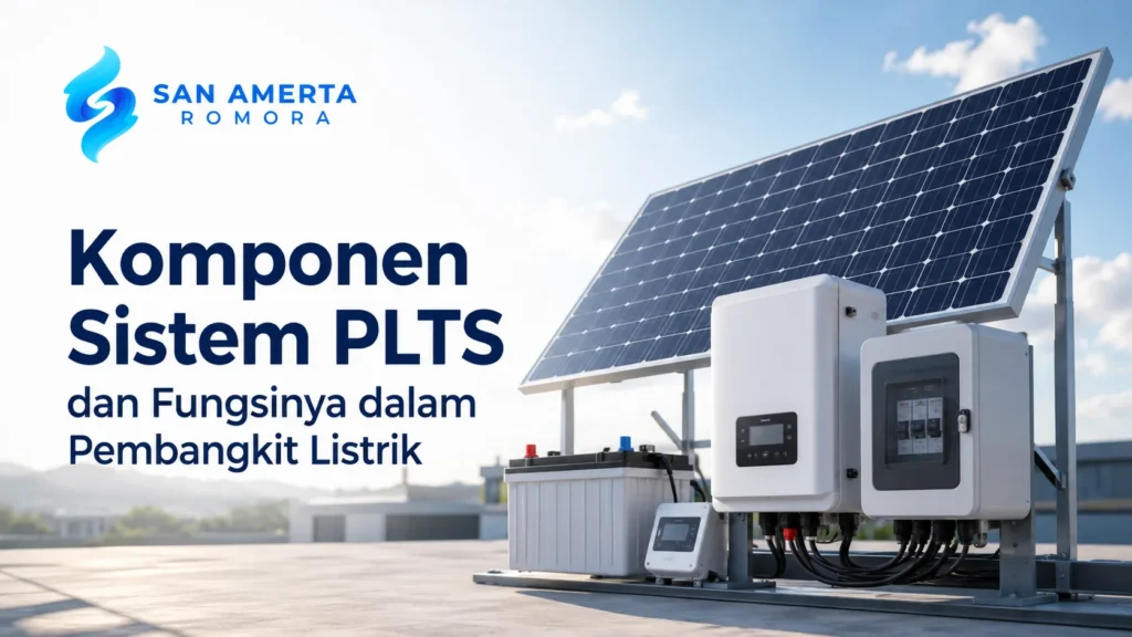 Banner edukasi Komponen Sistem PLTS dan Fungsinya dalam Pembangkit Listrik dari San Amerta Romora, menampilkan susunan panel surya, inverter, kotak kontrol MCB, dan baterai aki penyimpanan daya.