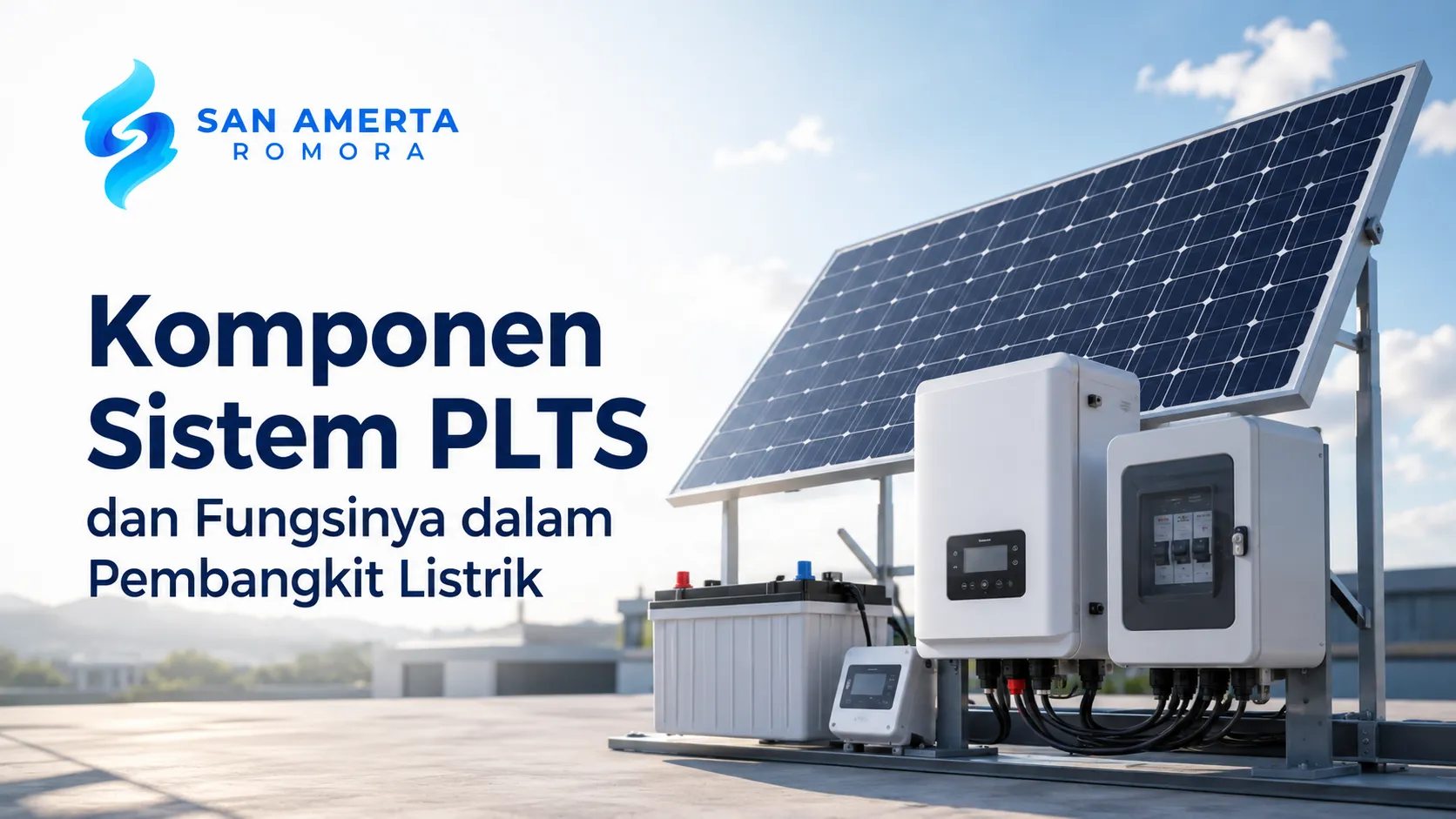 Banner edukasi Komponen Sistem PLTS dan Fungsinya dalam Pembangkit Listrik dari San Amerta Romora, menampilkan susunan panel surya, inverter, kotak kontrol MCB, dan baterai aki penyimpanan daya.