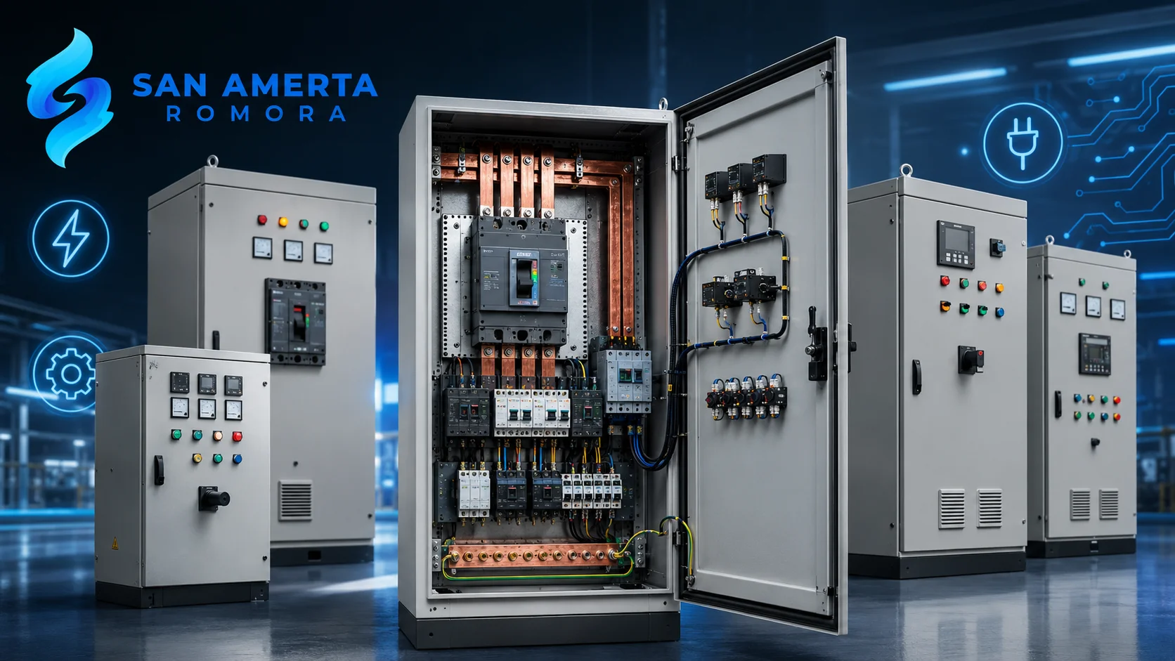 Panel listrik industri terbuka dengan komponen utama seperti circuit breaker, busbar, relay, dan grounding.