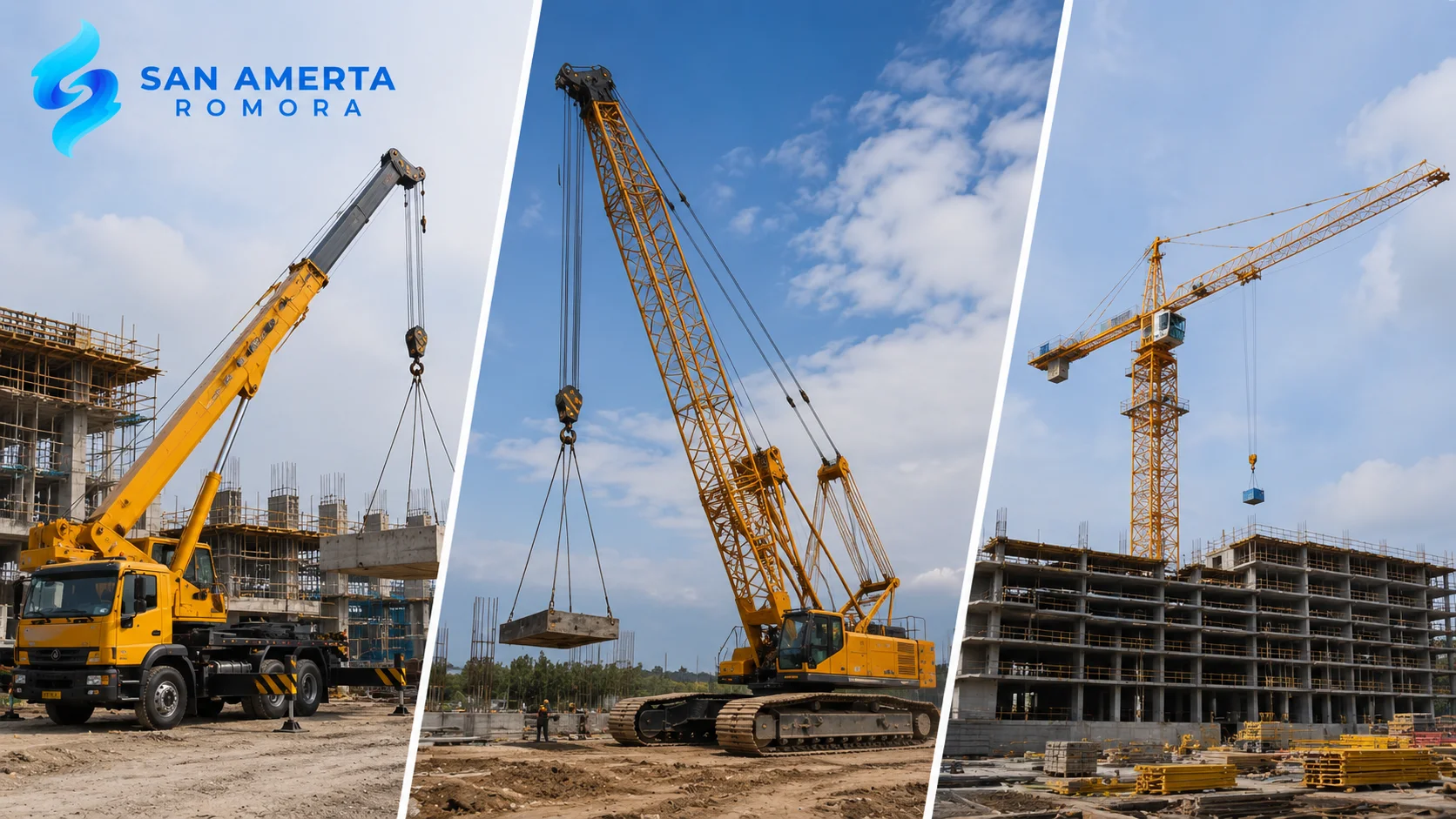 Perbandingan truck mounted crane dengan jenis crane lain di proyek konstruksi untuk ilustrasi pemilihan alat berat sesuai kebutuhan.