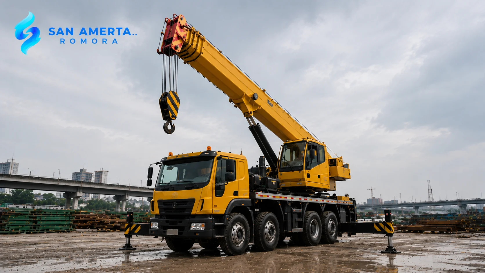 Truck crane di area proyek konstruksi sebagai ilustrasi faktor yang memengaruhi harga sewa alat berat.