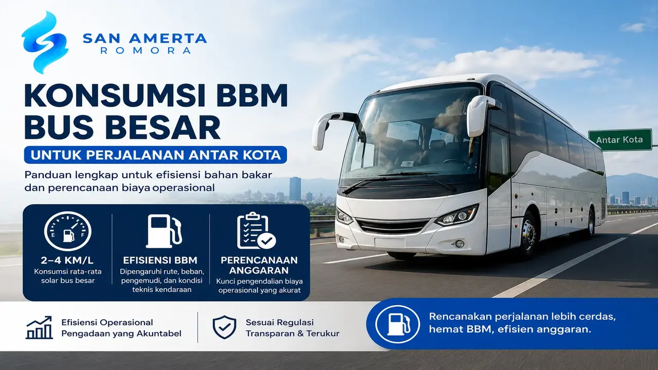 Konsumsi BBM bus besar untuk perjalanan antar kota dengan ilustrasi bus pariwisata dan logo San Amerta Romora.