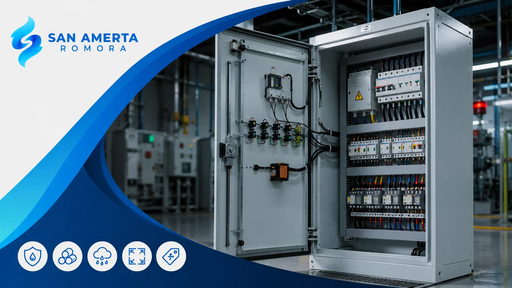 Banner panel box listrik San Amerta Romora yang menampilkan panel distribusi listrik untuk mendukung keamanan dan keandalan instalasi kelistrikan.
