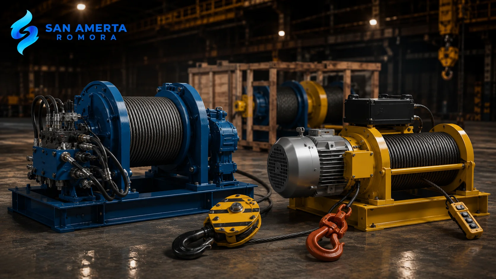 Winch hidrolik dan winch elektrik ditampilkan dalam lingkungan industri modern, menggambarkan berbagai solusi pengangkatan dan penarikan beban untuk kebutuhan operasional yang berbeda.