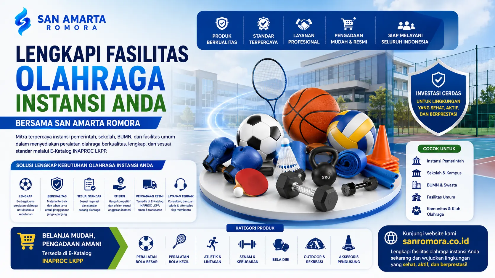 fasilitas olahraga instansi dengan berbagai perlengkapan olahraga seperti bola, raket, alat kebugaran, dan perlengkapan latihan yang mendukung kebutuhan sekolah, instansi pemerintah, serta fasilitas umum.