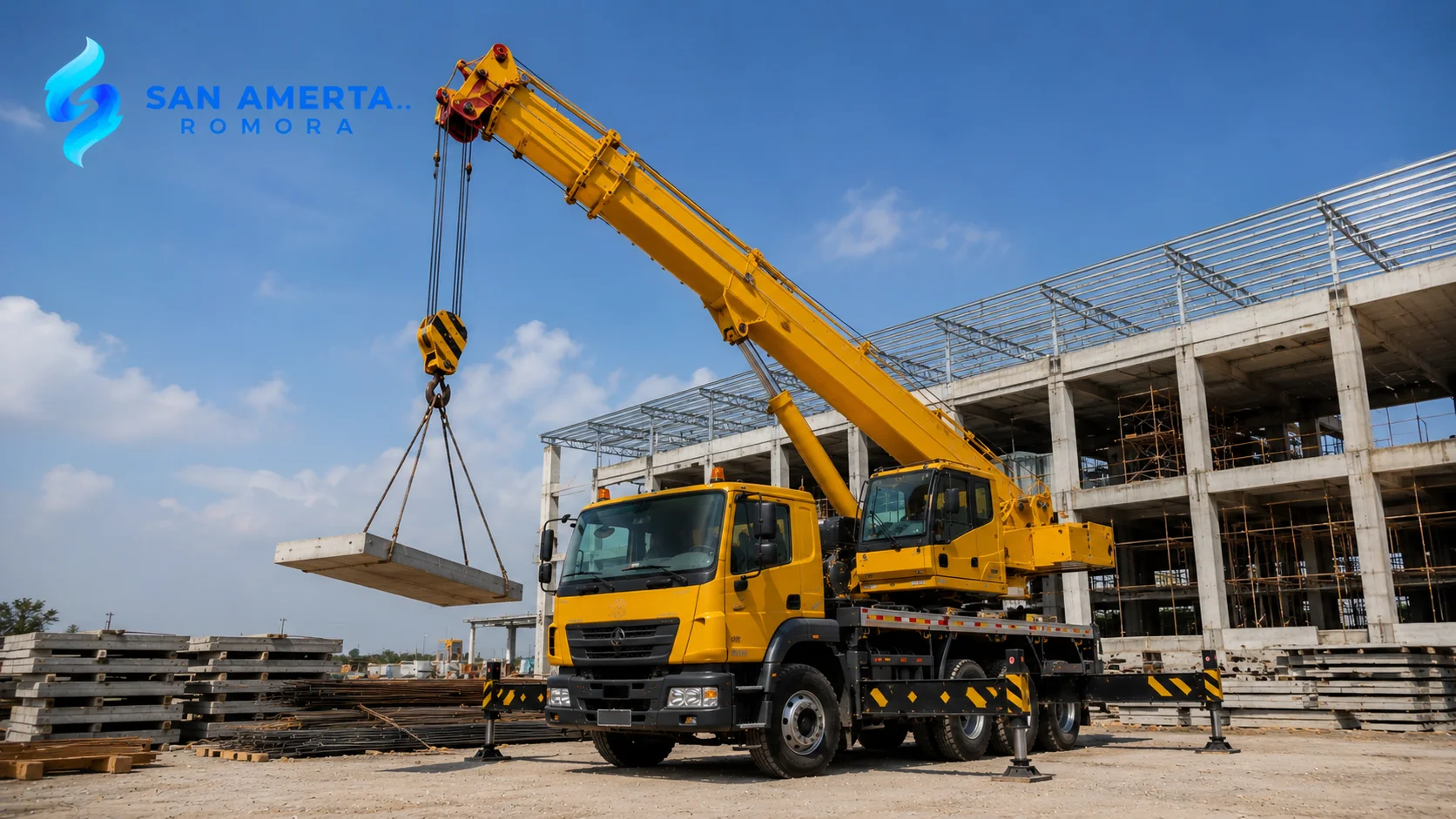 Truck crane mengangkat material di area proyek konstruksi sebagai ilustrasi fungsi dan mobilitas alat berat.