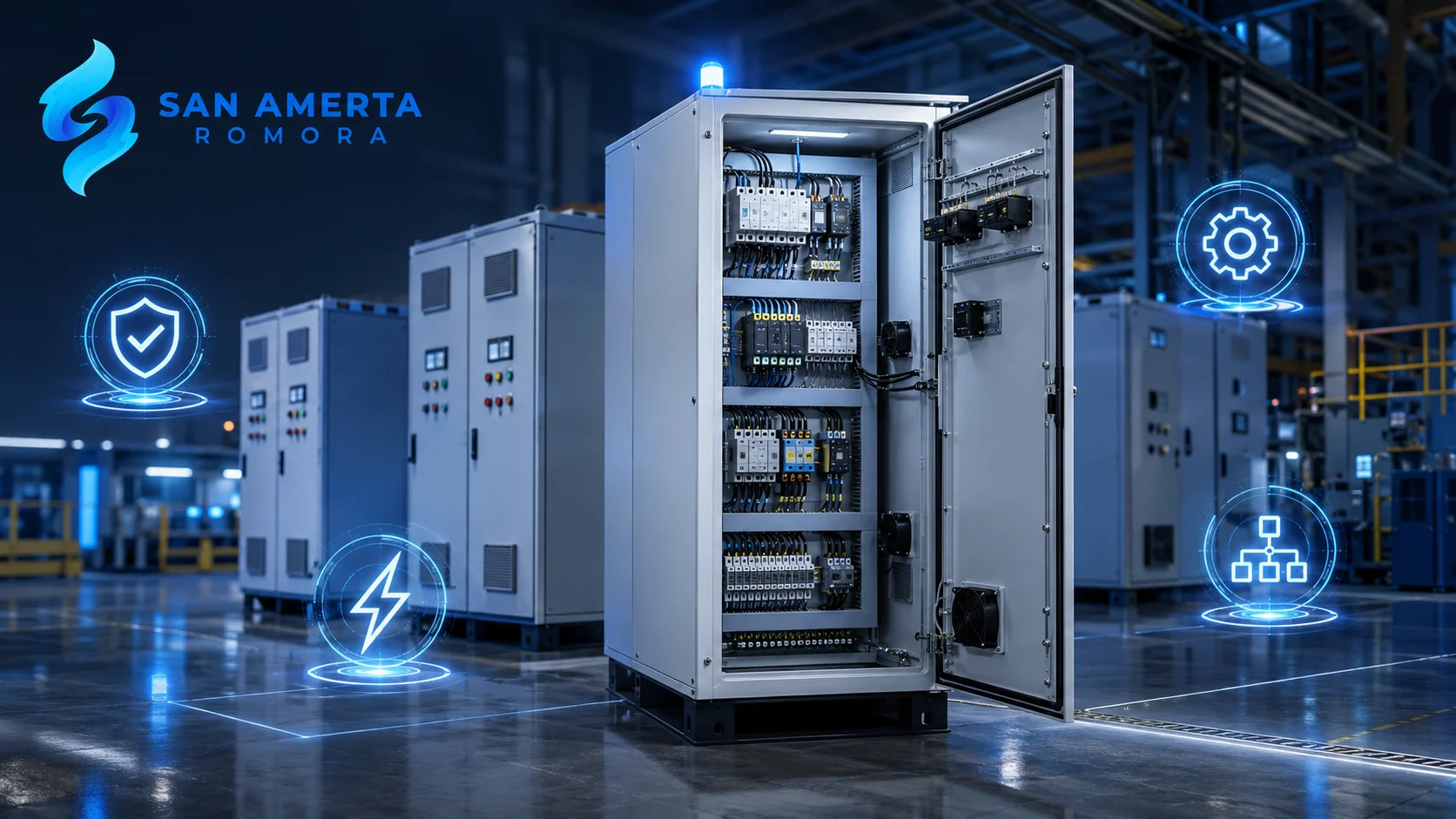 Panel listrik industri dengan sistem kontrol daya untuk mendukung keamanan dan efisiensi operasional.