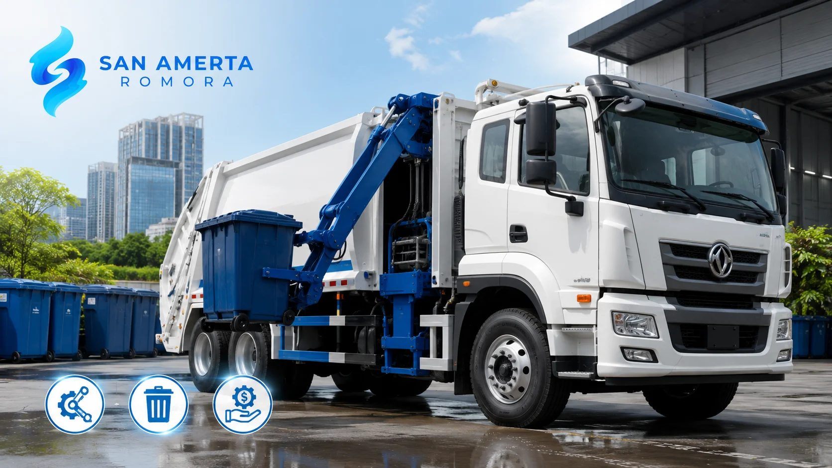 Side Loader Truck San Amerta Romora dengan sistem hidrolik untuk pengadaan armada kebersihan perkotaan.
