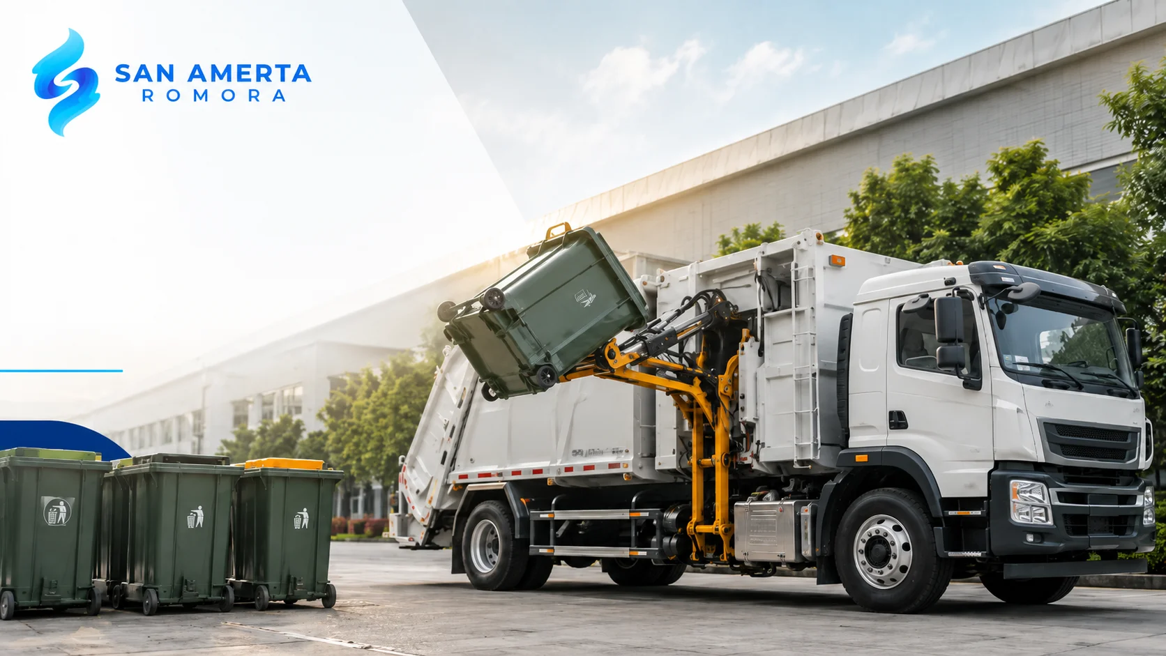 Side loader truck San Amerta Romora mengangkat kontainer sampah di area industri.