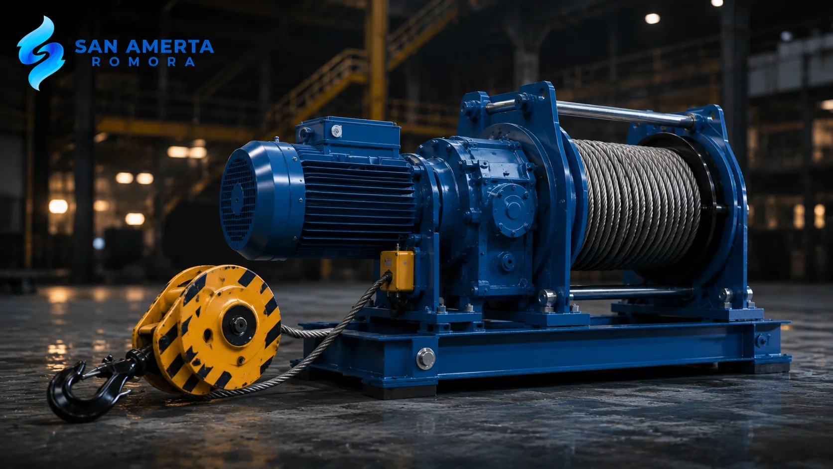 Winch Machine Elektrik industri berkapasitas besar dengan motor listrik dan kabel baja, dirancang untuk mendukung pengangkatan material berat pada proyek konstruksi dan industri modern.