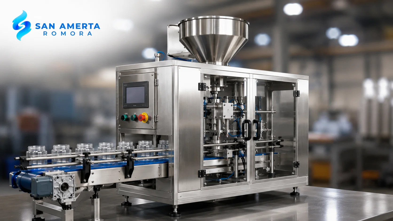 Mesin manufacturing otomatis berbahan stainless steel dengan sistem pengemasan modern untuk mendukung proses produksi industri.