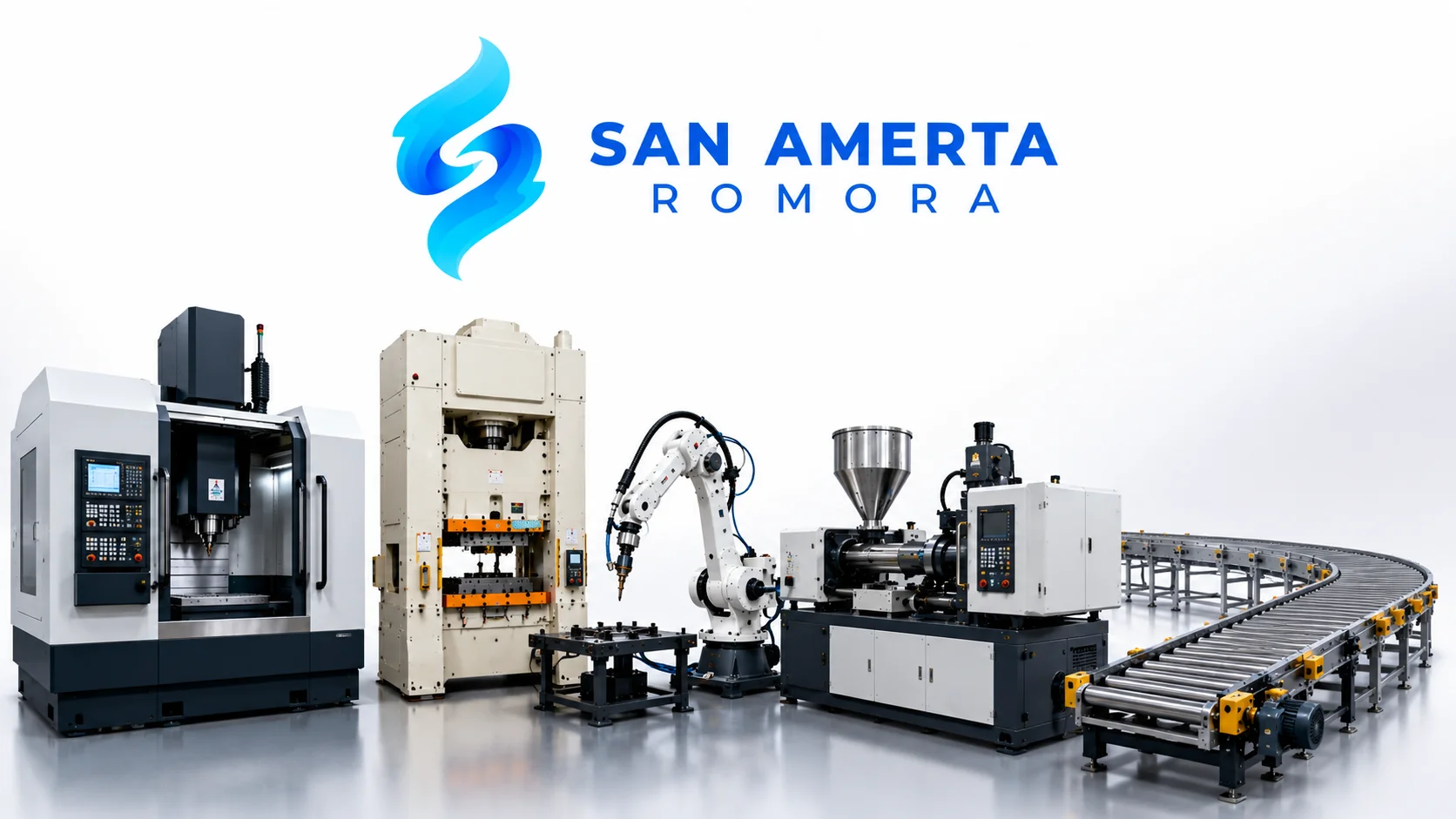 Banner mesin manufacturing modern menampilkan CNC, mesin press, robot industri, injection molding, dan conveyor dengan logo San Amerta Romora pada latar clean minimalis