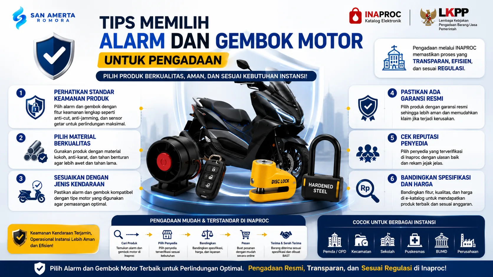 Panduan memilih alarm dan gembok motor dengan fitur keamanan, material berkualitas, dan spesifikasi yang sesuai untuk kebutuhan pengadaan kendaraan operasional.